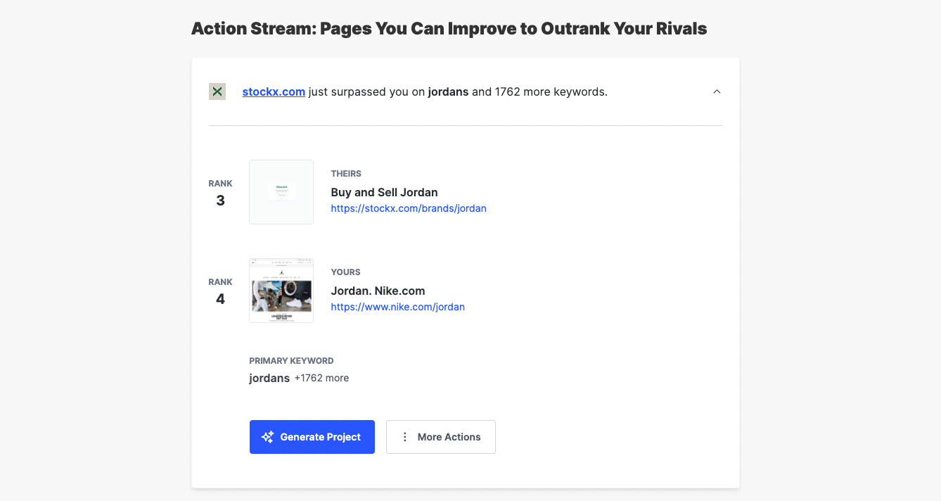 Screenshot from SpyFu's RivalFlow AI tool. It shows that Nike.com is now ranking below Stockx.com in search results for "Jordans", and gives the option to generate a project that will turn the tide.